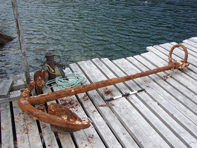 A large wrought-iron anchor, likely French 17th-19th century, recovered from Hooping Harbour.