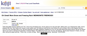 Kijiji ad for "Mennonite Firewood" January 5, 2013