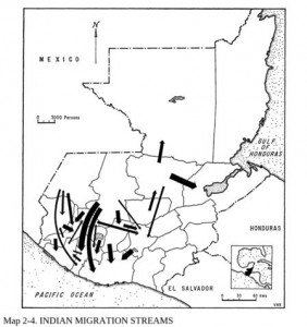 Map of Guatemala: 1964 Migration streams of Indigenous population. Source: Richard Newbold Adams, Crucifixion by Power: Essays on Guatemalan National Social Structure, 1944–1966, (Austin: University of Texas Press, 1970).