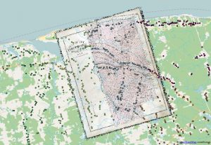 Detail of a georeferenced historical map and the combined digitized house locations from the 1880 Historical Atlas of PEI. Each student digitized a different township, symbolized here by the different colours.