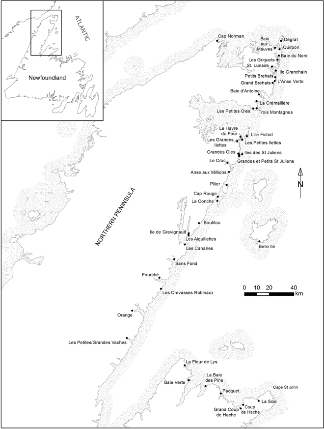 Map of the historic French fishing stations of the Petit Nord